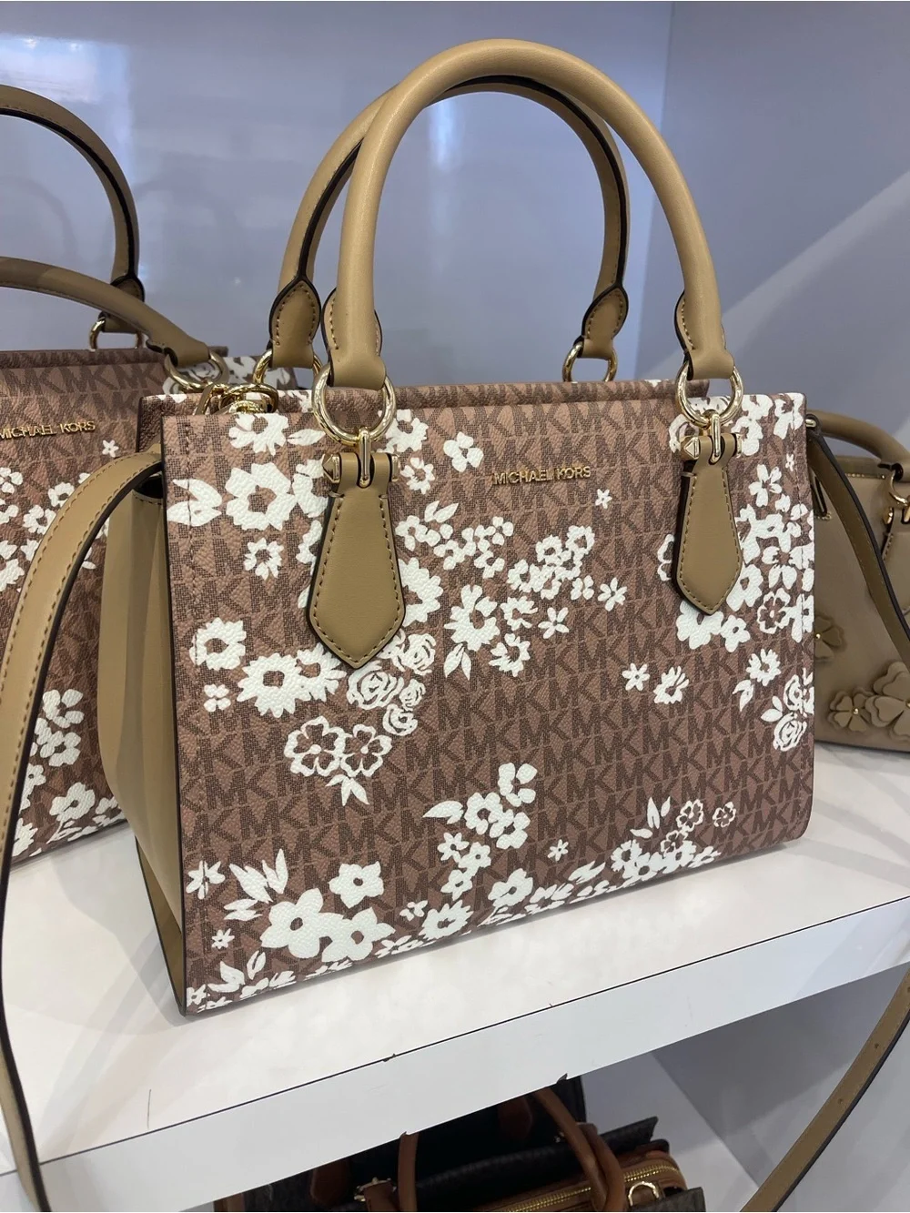 MICHAEL KORS Marilyn Medium Printed Signature Logo Satchel Crossbody  CAMEL NWT